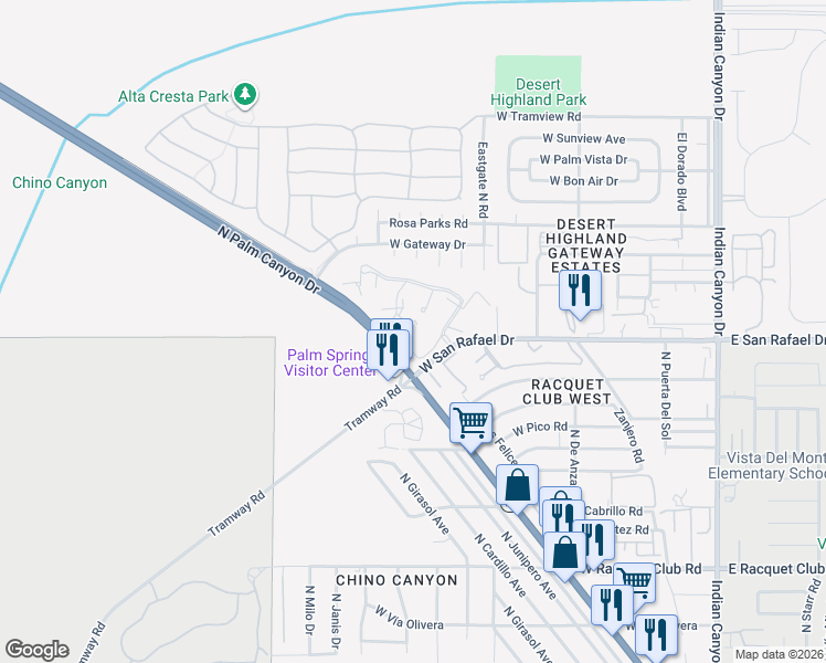 map of restaurants, bars, coffee shops, grocery stores, and more near 685 North Ashurst Court in Palm Springs