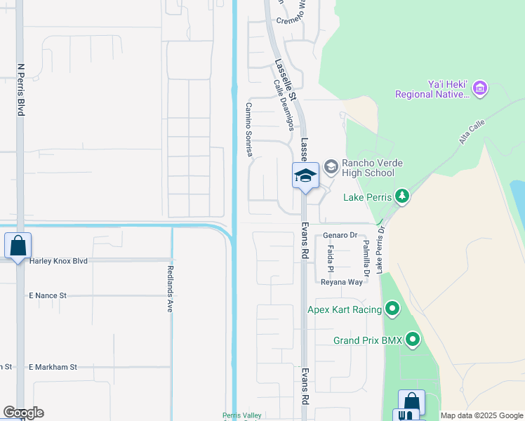 map of restaurants, bars, coffee shops, grocery stores, and more near 25946 Via Elegante in Moreno Valley