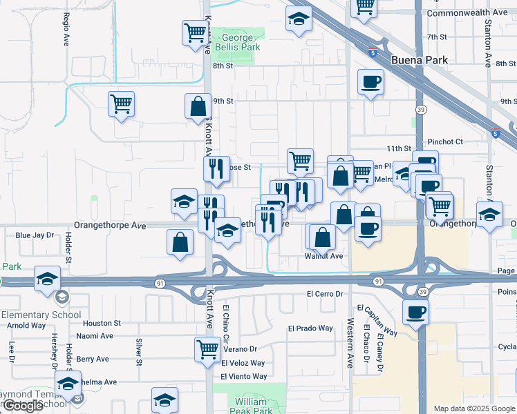 map of restaurants, bars, coffee shops, grocery stores, and more near 7175 Orangethorpe Avenue in Buena Park