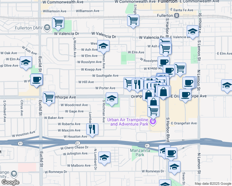 map of restaurants, bars, coffee shops, grocery stores, and more near 425 West Orangethorpe Avenue in Fullerton