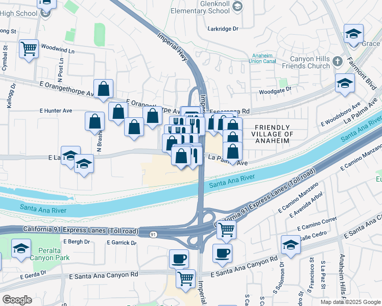 map of restaurants, bars, coffee shops, grocery stores, and more near 5655 East La Palma Avenue in Anaheim
