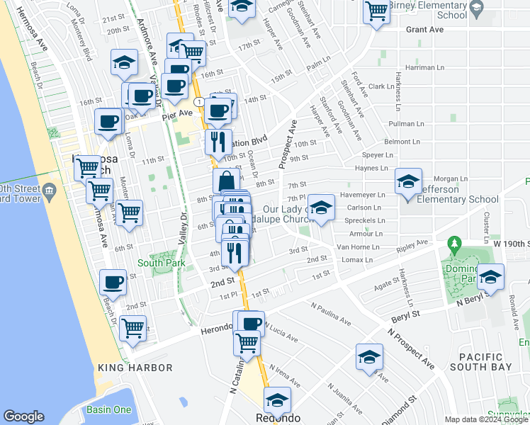 map of restaurants, bars, coffee shops, grocery stores, and more near 1004 6th Street in Hermosa Beach