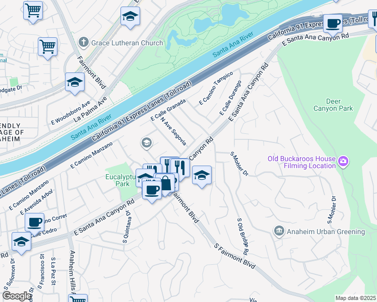 map of restaurants, bars, coffee shops, grocery stores, and more near 7408 East Calle Durango in Anaheim