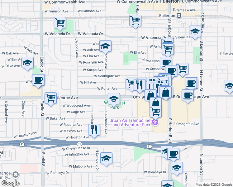 map of restaurants, bars, coffee shops, grocery stores, and more near 425 West Orangethorpe Avenue in Fullerton