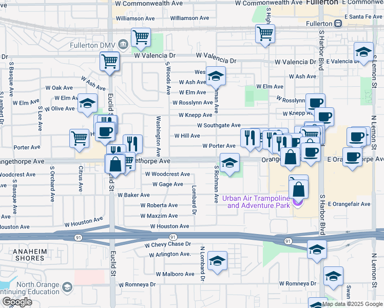 map of restaurants, bars, coffee shops, grocery stores, and more near 535 West Orangethorpe Avenue in Fullerton