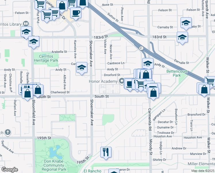 map of restaurants, bars, coffee shops, grocery stores, and more near 18943 Vickie Avenue in Cerritos