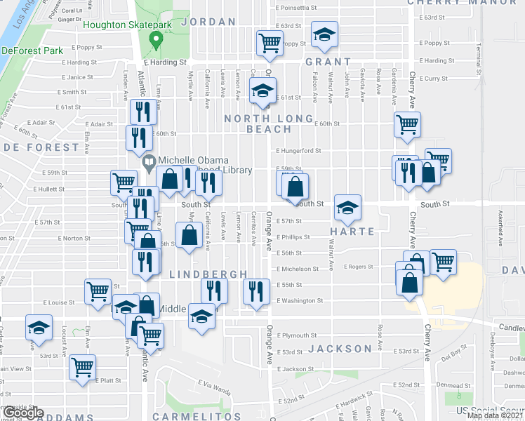 map of restaurants, bars, coffee shops, grocery stores, and more near in Long Beach