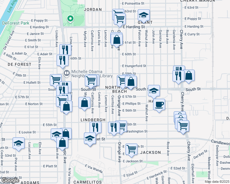 map of restaurants, bars, coffee shops, grocery stores, and more near in Long Beach