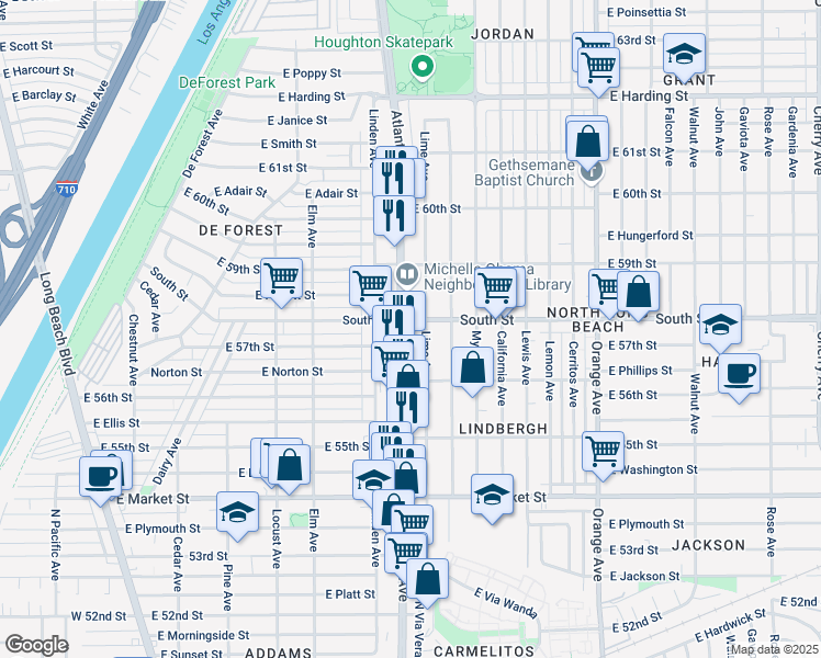 map of restaurants, bars, coffee shops, grocery stores, and more near 5711 Atlantic Avenue in Long Beach