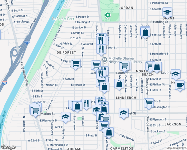 map of restaurants, bars, coffee shops, grocery stores, and more near 5709 Linden Avenue in Long Beach