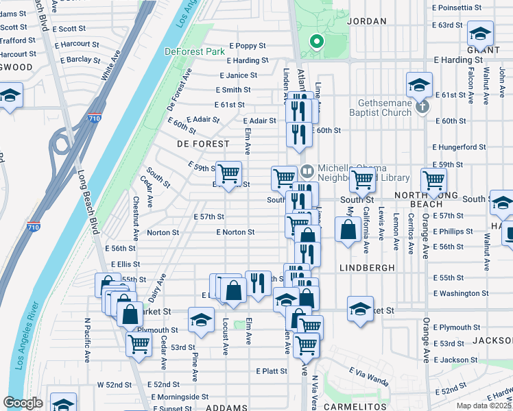 map of restaurants, bars, coffee shops, grocery stores, and more near 417 East 57th Street in Long Beach