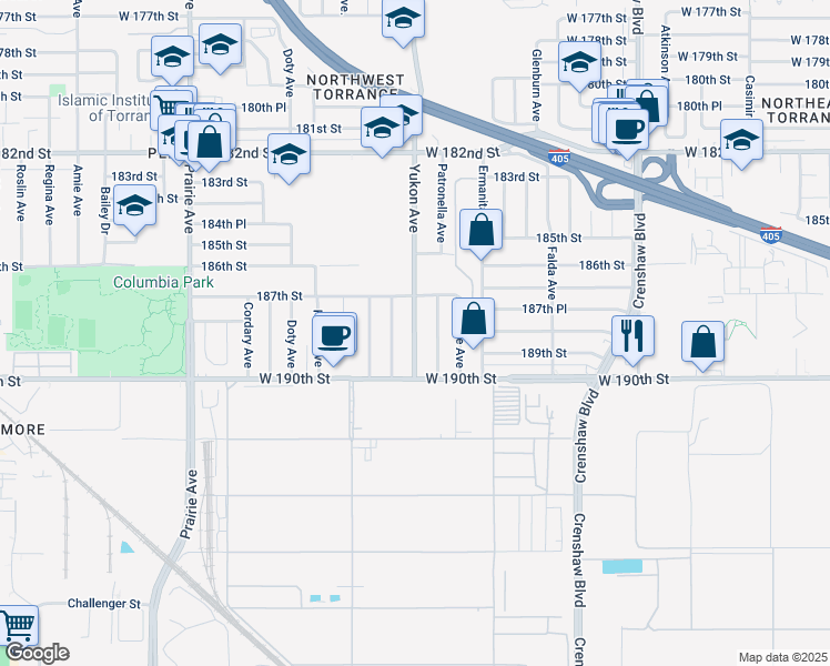 map of restaurants, bars, coffee shops, grocery stores, and more near 18828 Yukon Avenue in Torrance