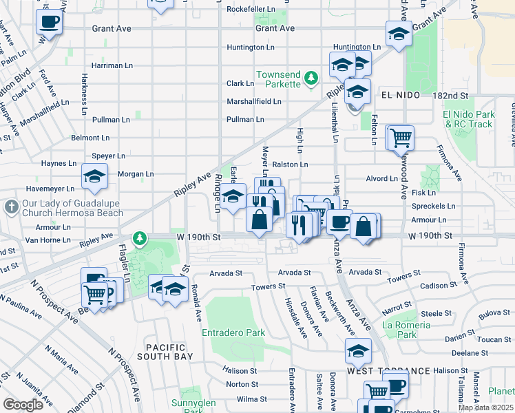 map of restaurants, bars, coffee shops, grocery stores, and more near 2215 Earle Court in Redondo Beach