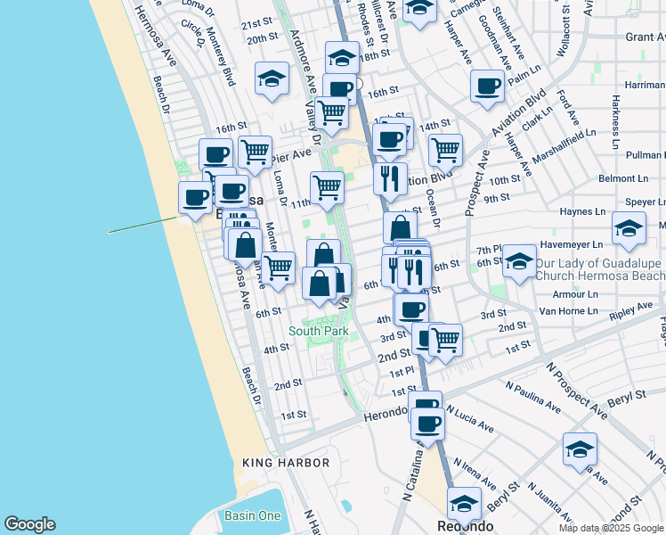 map of restaurants, bars, coffee shops, grocery stores, and more near 717 Valley Drive in Hermosa Beach