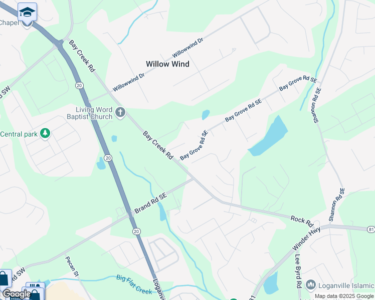 map of restaurants, bars, coffee shops, grocery stores, and more near 330 Bay Grove Road Southeast in Loganville