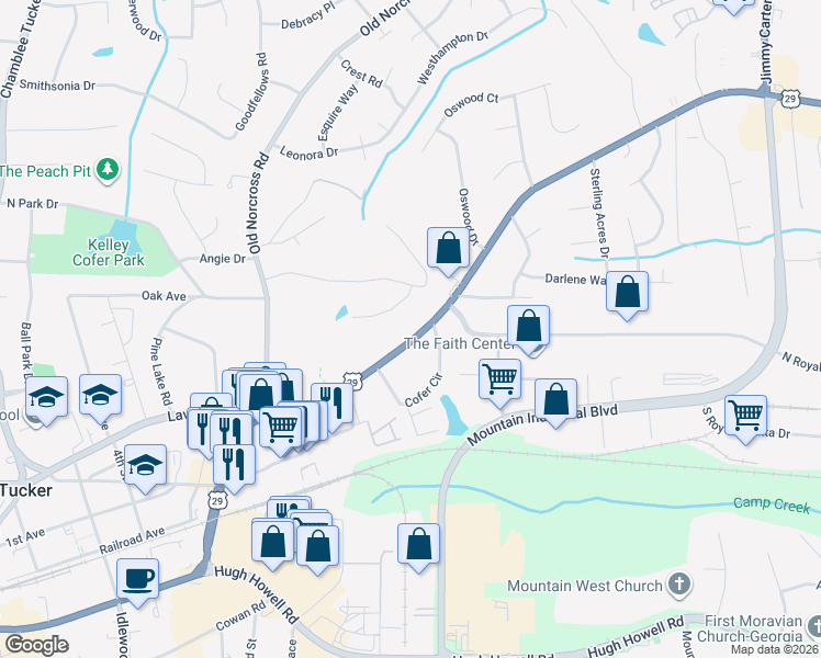 map of restaurants, bars, coffee shops, grocery stores, and more near 4514 Lawrenceville Highway in Tucker