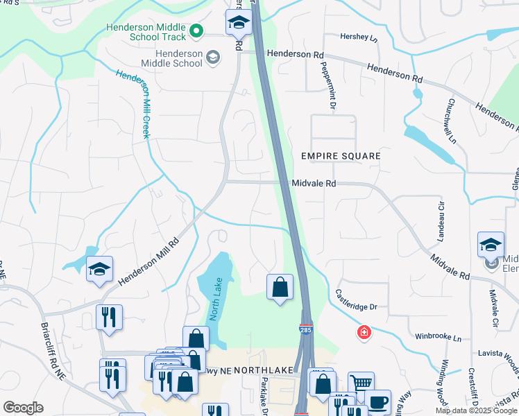 map of restaurants, bars, coffee shops, grocery stores, and more near 2519 Lauderdale Drive Northeast in Atlanta