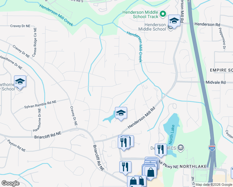 map of restaurants, bars, coffee shops, grocery stores, and more near 3152 King Arthur Court Northeast in Atlanta