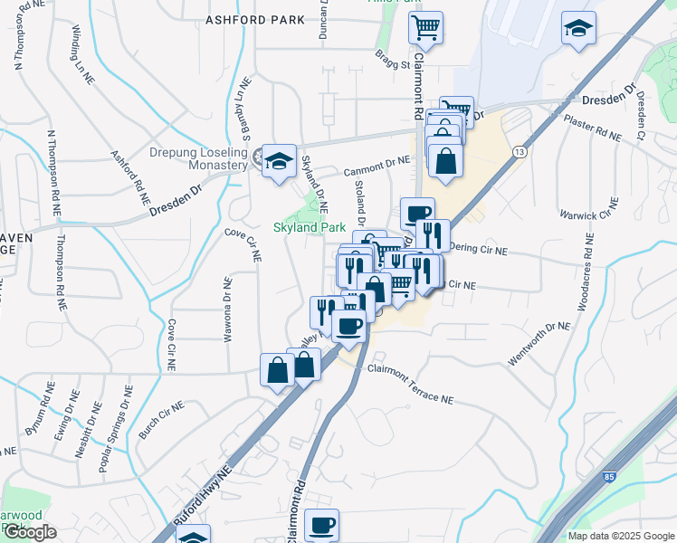 map of restaurants, bars, coffee shops, grocery stores, and more near 2448 Skyland Way Northeast in Brookhaven