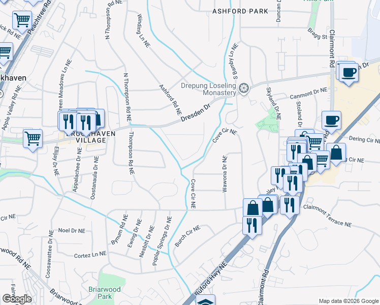 map of restaurants, bars, coffee shops, grocery stores, and more near 1704 Wayland Circle Northeast in Atlanta