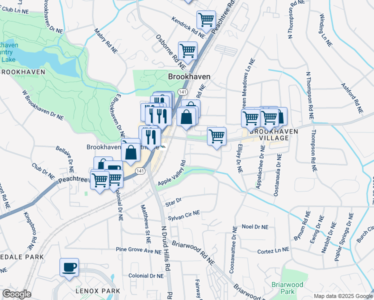 map of restaurants, bars, coffee shops, grocery stores, and more near 1272 Apple Valley Road Northeast in Brookhaven
