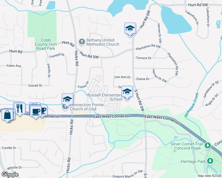 map of restaurants, bars, coffee shops, grocery stores, and more near 625 Aunt Lucy Lane in Smyrna
