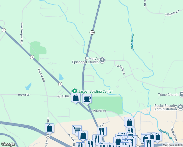 map of restaurants, bars, coffee shops, grocery stores, and more near 1100-1208 11th Street Northwest in Jasper