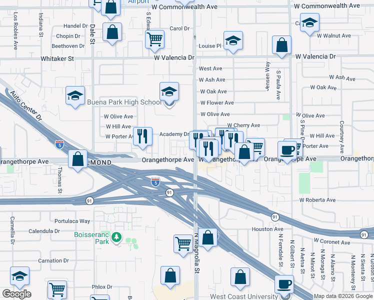 map of restaurants, bars, coffee shops, grocery stores, and more near 6972 Sagebrush Circle in Buena Park