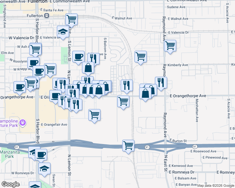 map of restaurants, bars, coffee shops, grocery stores, and more near 501 East Orangethorpe Avenue in Anaheim