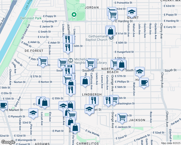map of restaurants, bars, coffee shops, grocery stores, and more near 5729 California Avenue in Long Beach