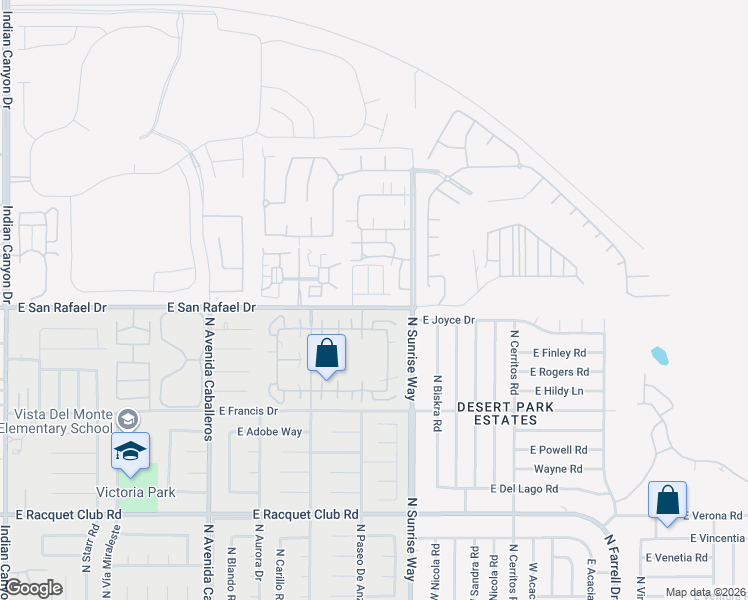 map of restaurants, bars, coffee shops, grocery stores, and more near 1501 East Twin Star Road in Palm Springs