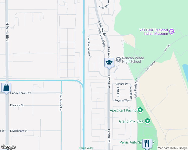 map of restaurants, bars, coffee shops, grocery stores, and more near 25946 Via Elegante in Moreno Valley