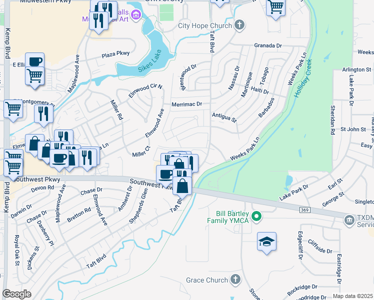 map of restaurants, bars, coffee shops, grocery stores, and more near 4700 Taft Boulevard in Wichita Falls