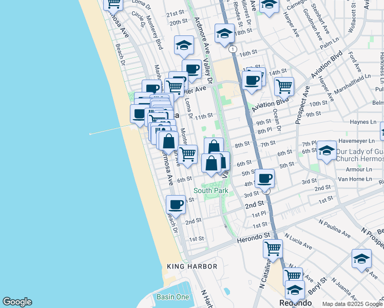 map of restaurants, bars, coffee shops, grocery stores, and more near 802 Monterey Boulevard in Hermosa Beach