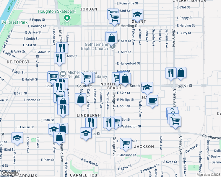 map of restaurants, bars, coffee shops, grocery stores, and more near 1160 East South Street in Long Beach