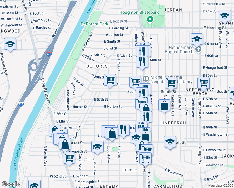map of restaurants, bars, coffee shops, grocery stores, and more near 356 East South Street in Long Beach