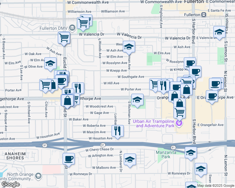 map of restaurants, bars, coffee shops, grocery stores, and more near 535 West Orangethorpe Avenue in Fullerton