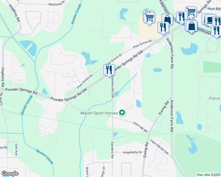 map of restaurants, bars, coffee shops, grocery stores, and more near 3824 Sanders Road Southwest in Marietta
