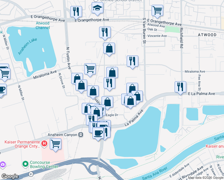 map of restaurants, bars, coffee shops, grocery stores, and more near 1200 North Jefferson Street in Anaheim