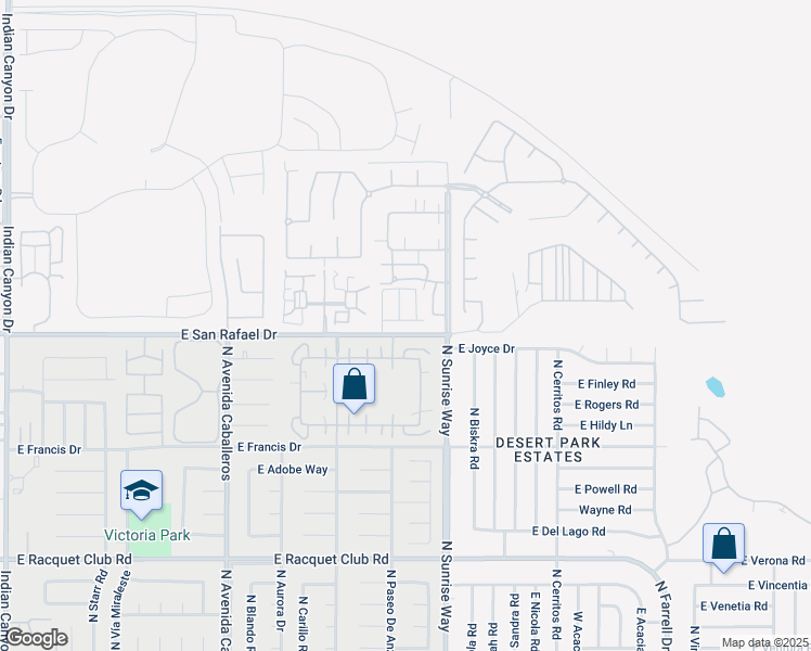 map of restaurants, bars, coffee shops, grocery stores, and more near 1501 East Twin Star Road in Palm Springs