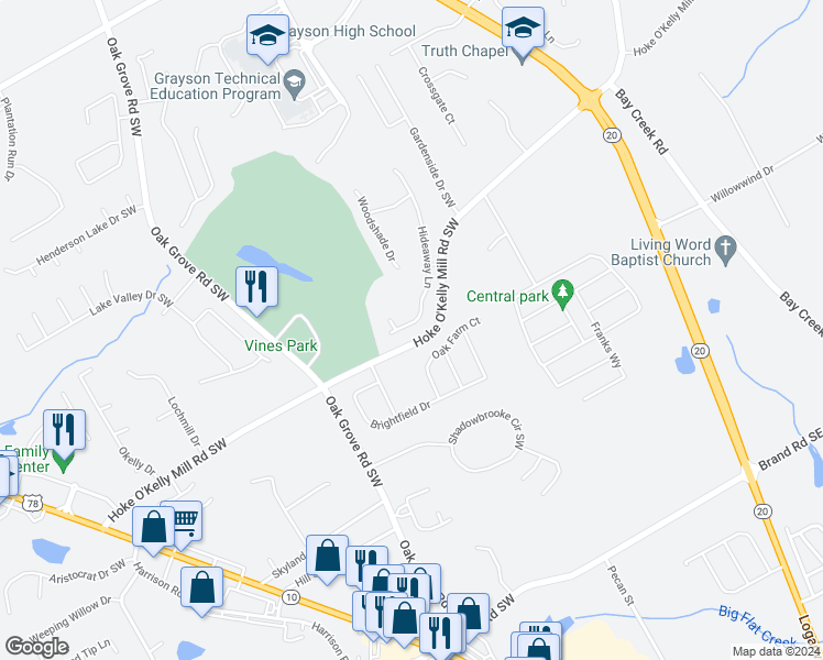 map of restaurants, bars, coffee shops, grocery stores, and more near 3554 Hideaway Lane in Loganville