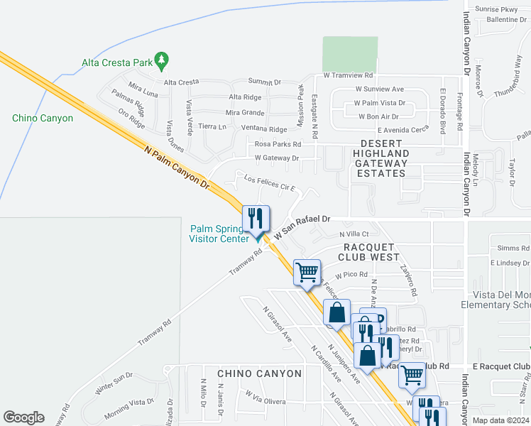 map of restaurants, bars, coffee shops, grocery stores, and more near 701 Los Felices Circle West in Palm Springs