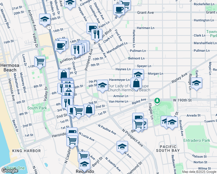 map of restaurants, bars, coffee shops, grocery stores, and more near 1606 Carlson Lane in Redondo Beach