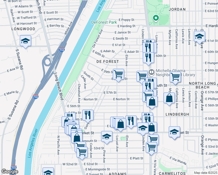 map of restaurants, bars, coffee shops, grocery stores, and more near 222 East South Street in Long Beach