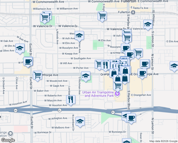 map of restaurants, bars, coffee shops, grocery stores, and more near in Fullerton
