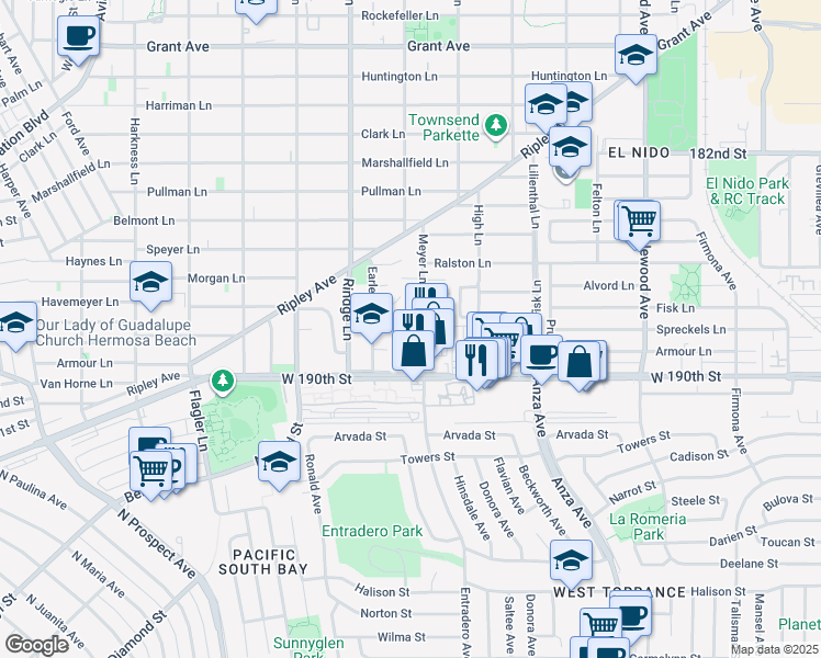 map of restaurants, bars, coffee shops, grocery stores, and more near 2215 Earle Court in Redondo Beach