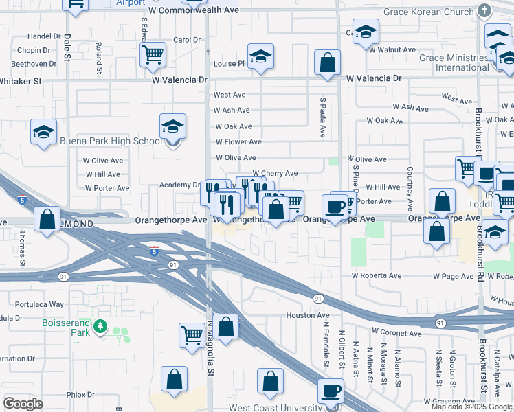map of restaurants, bars, coffee shops, grocery stores, and more near 2600 West Porter Avenue in Fullerton