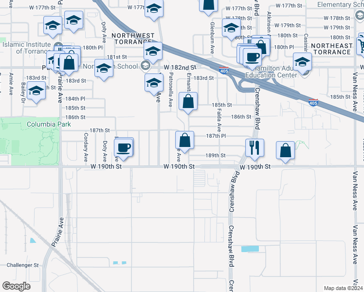 map of restaurants, bars, coffee shops, grocery stores, and more near 18820 Cerise Avenue in Torrance
