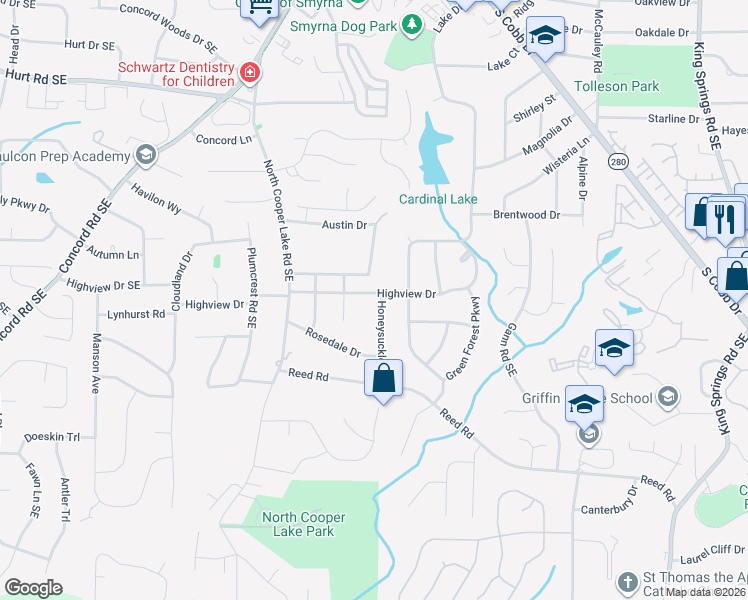 map of restaurants, bars, coffee shops, grocery stores, and more near 726 Highview Drive in Smyrna