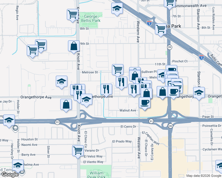 map of restaurants, bars, coffee shops, grocery stores, and more near 7227 Orangethorpe Ave in Buena Park